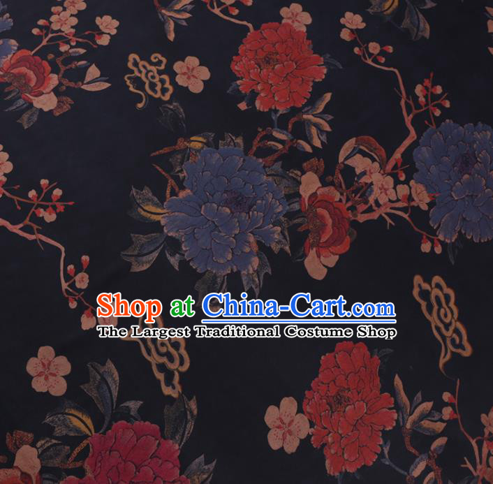 Chinese Cheongsam Classical Peony Plum Pattern Design Black Watered Gauze Fabric Asian Traditional Silk Material