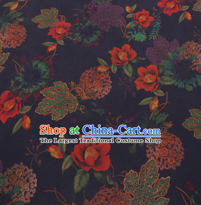 Chinese Cheongsam Classical Flowers Pattern Design Navy Watered Gauze Fabric Asian Traditional Silk Material