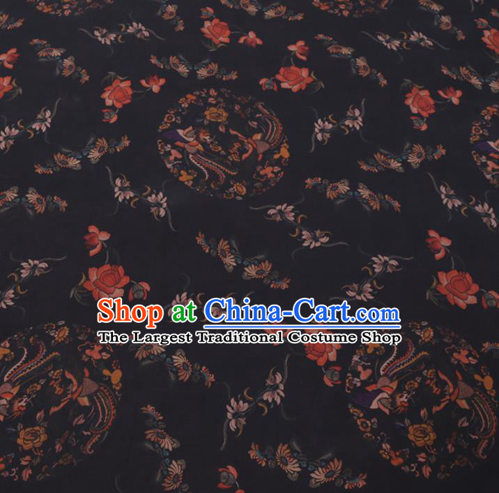 Chinese Cheongsam Classical Phoenix Peony Pattern Design Black Watered Gauze Fabric Asian Traditional Silk Material