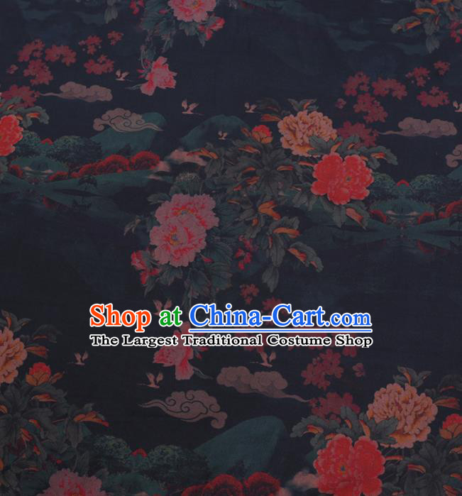 Chinese Cheongsam Classical Peony Pattern Design Navy Blue Watered Gauze Fabric Asian Traditional Silk Material