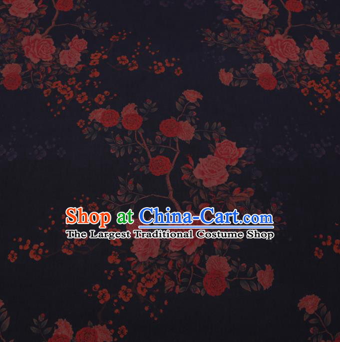 Chinese Cheongsam Classical Roses Pattern Design Navy Blue Watered Gauze Fabric Asian Traditional Silk Material