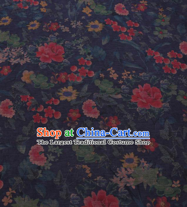 Chinese Cheongsam Classical Flowers Pattern Design Navy Blue Watered Gauze Fabric Asian Traditional Silk Material