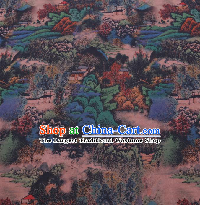 Chinese Cheongsam Classical Landscape Pattern Design Deep Blue Watered Gauze Fabric Asian Traditional Silk Material