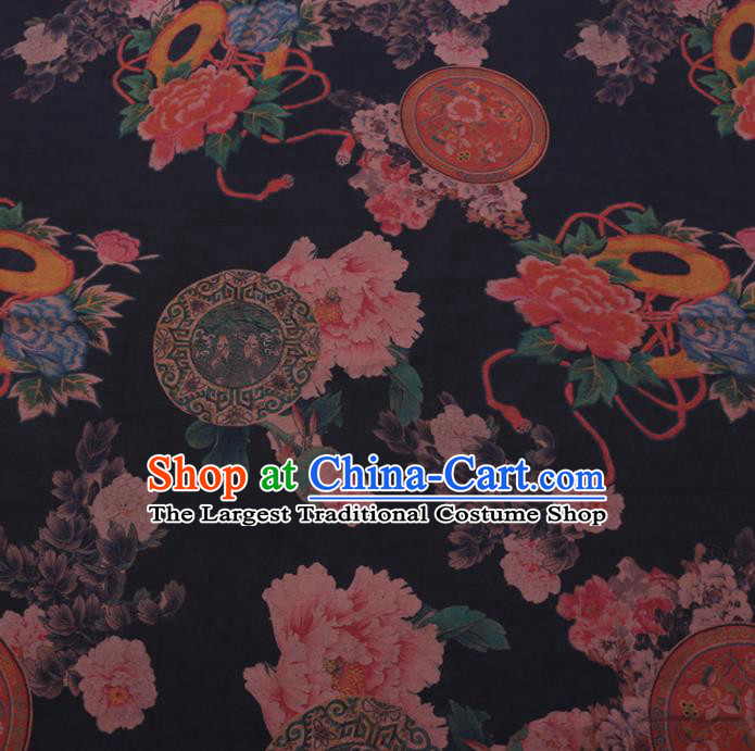 Chinese Cheongsam Classical Peony Pattern Design Black Watered Gauze Fabric Asian Traditional Silk Material