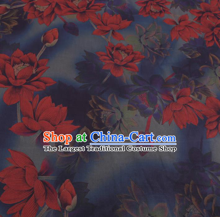 Chinese Cheongsam Classical Red Lotus Pattern Design Blue Watered Gauze Fabric Asian Traditional Silk Material