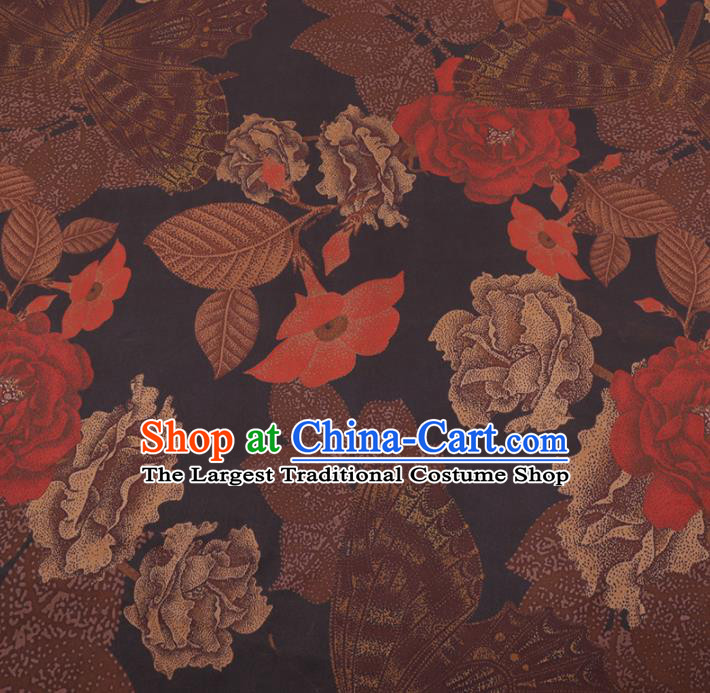 Chinese Cheongsam Classical Peony Flowers Pattern Design Black Watered Gauze Fabric Asian Traditional Silk Material