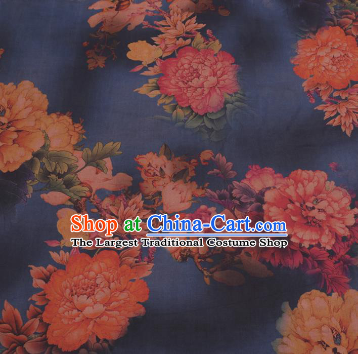 Chinese Cheongsam Classical Peony Magnolia Pattern Design Navy Watered Gauze Fabric Asian Traditional Silk Material