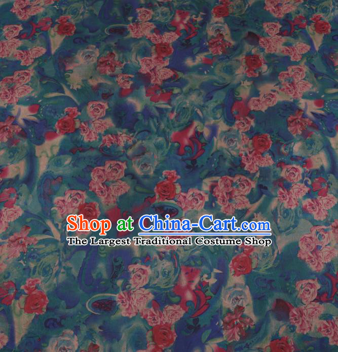 Chinese Cheongsam Classical Roses Pattern Design Blue Watered Gauze Fabric Asian Traditional Silk Material