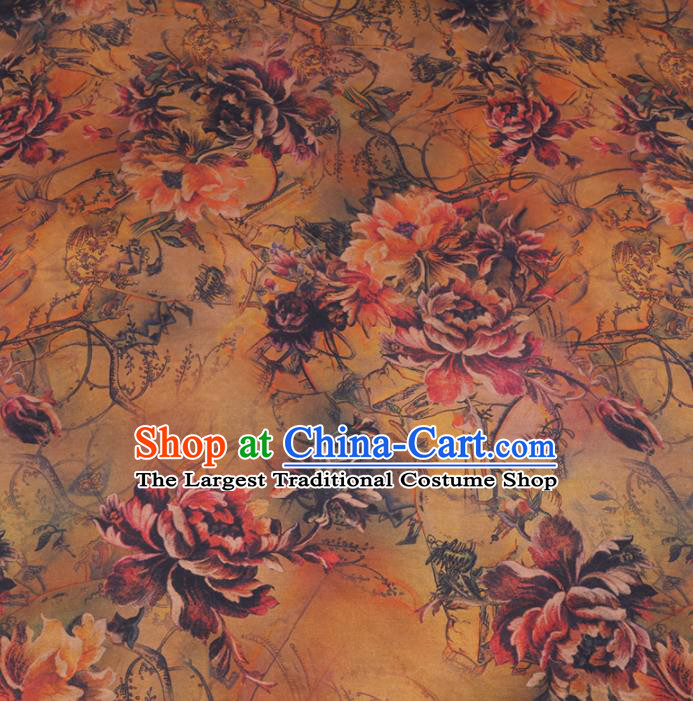 Chinese Cheongsam Classical Twine Peony Pattern Design Ginger Watered Gauze Fabric Asian Traditional Silk Material