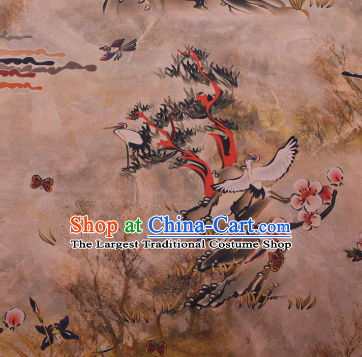 Chinese Cheongsam Classical Crane Plum Pattern Design Khaki Watered Gauze Fabric Asian Traditional Silk Material