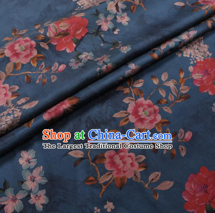 Chinese Cheongsam Classical Flowers Pattern Design Blue Watered Gauze Fabric Asian Traditional Silk Material