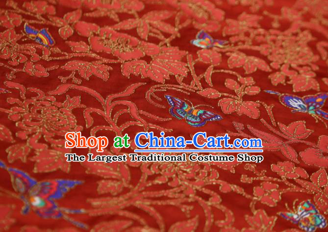 Chinese Classical Chrysanthemum Butterfly Pattern Design Red Brocade Fabric Asian Traditional Silk Material