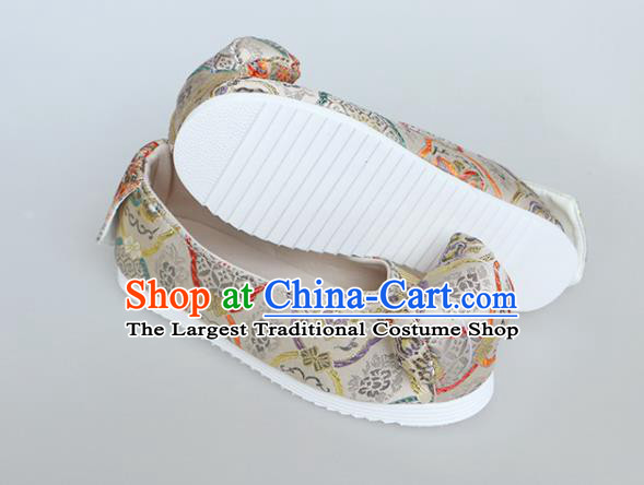 Chinese Traditional Beige Brocade Bow Shoes Opera Shoes Hanfu Shoes Wedding Shoes for Women