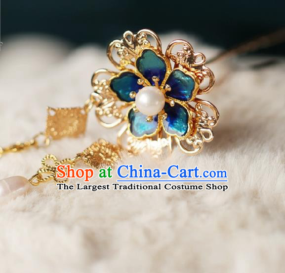 Chinese Handmade Ming Dynasty Princess Blue Plum Tassel Hairpins Ancient Hanfu Hair Accessories for Women