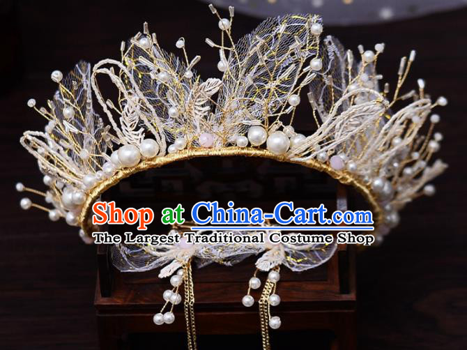 Top Handmade Bride Beads Silk Royal Crown Wedding Hair Accessories for Women