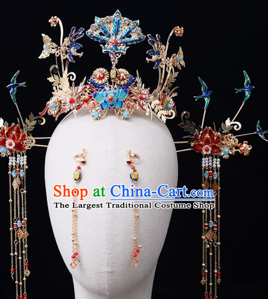 Chinese Traditional Wedding Cloisonne Phoenix Coronet Handmade Bride Hair Accessories for Women