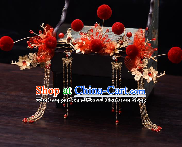 Chinese Traditional Wedding Red Silk Hairpins Hair Comb Handmade Bride Hair Accessories for Women