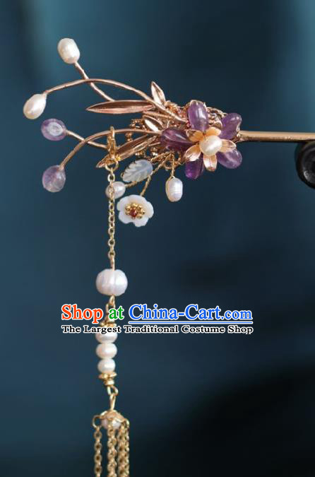 Chinese Handmade Ming Dynasty Princess Purple Flower Tassel Hairpins Ancient Hanfu Hair Accessories for Women