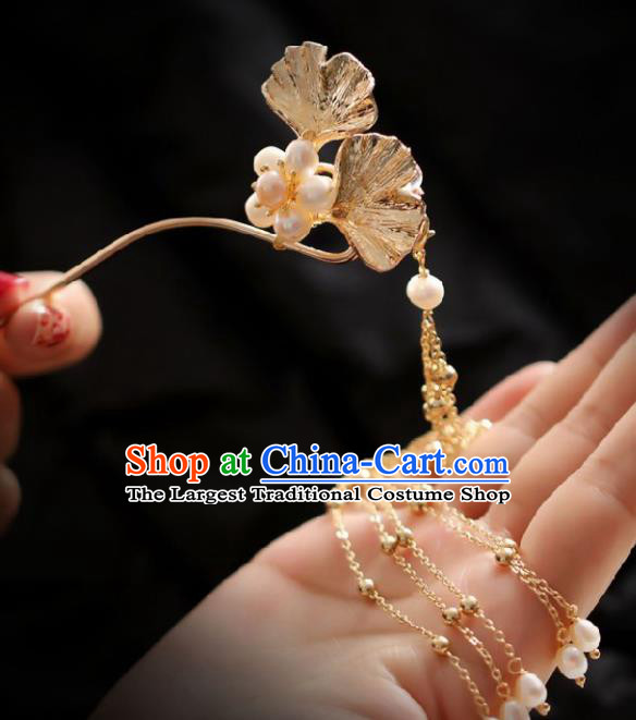 Chinese Handmade Ming Dynasty Queen Golden Ginkgo Leaf Tassel Hairpins Ancient Hanfu Hair Accessories for Women