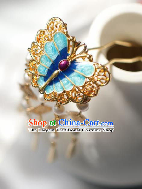 Chinese Handmade Ming Dynasty Queen Blue Butterfly Hairpins Ancient Hanfu Hair Accessories for Women