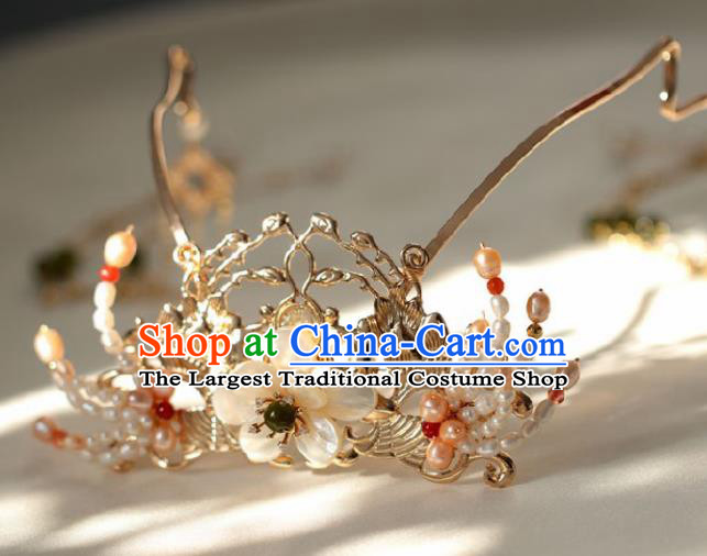 Chinese Handmade Ming Dynasty Queen Pearls Hair Crown Hairpins Ancient Hanfu Hair Accessories for Women