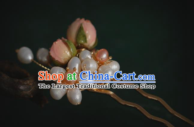 Chinese Handmade Ming Dynasty Princess Pearls Pink Flowers Hairpins Ancient Hanfu Hair Accessories for Women
