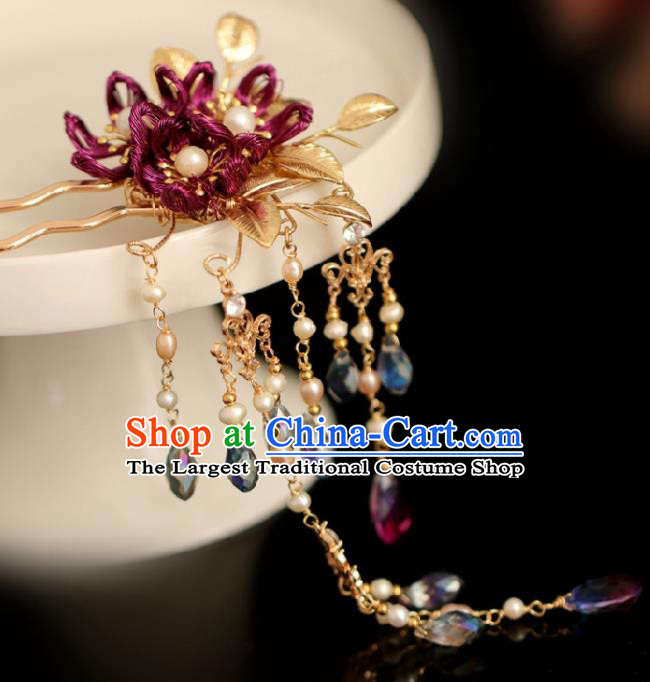 Chinese Handmade Ming Dynasty Princess Purple Flower Tassel Hairpins Ancient Hanfu Hair Accessories for Women