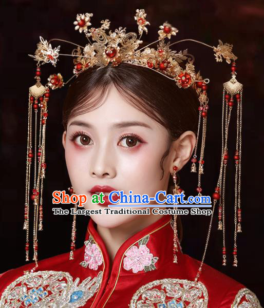 Chinese Traditional Wedding Golden Tassel Hair Crown Hairpins Handmade Bride Hair Accessories for Women