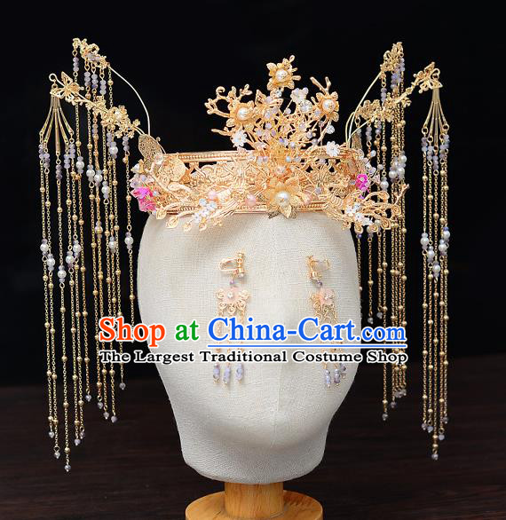 Chinese Traditional Wedding Queen Golden Hair Crown Hairpins Handmade Bride Hair Accessories for Women