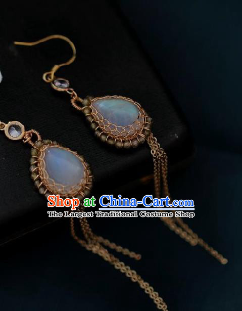 Chinese Traditional Hanfu Moonstone Tassel Earrings Handmade Ear Jewelry Accessories for Women