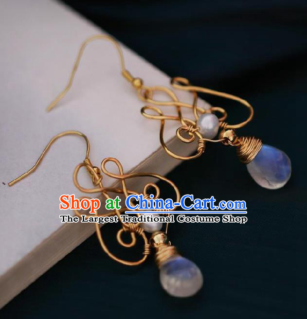 Chinese Traditional Hanfu Moonstone Golden Earrings Handmade Ear Jewelry Accessories for Women