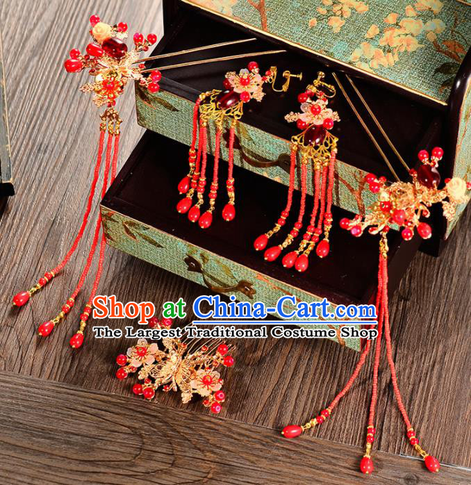 Chinese Traditional Wedding Red Beads Tassel Hair Comb Hairpins Handmade Bride Hair Accessories for Women