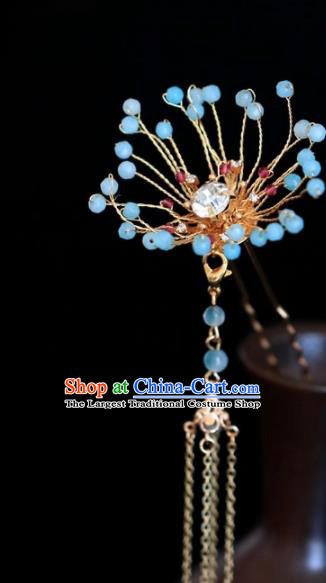 Chinese Handmade Tang Dynasty Princess Blue Beads Tassel Hairpins Ancient Hanfu Hair Accessories for Women