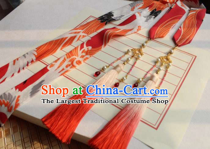 Chinese Traditional Hanfu Ming Dynasty Orange Ribbon Headband Handmade Ancient Princess Hair Accessories for Women