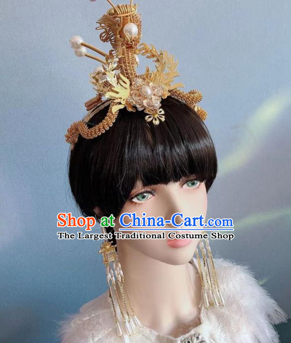 Chinese Handmade Classical Golden Dragon Hair Crown Ancient Empress Hanfu Hair Accessories for Women