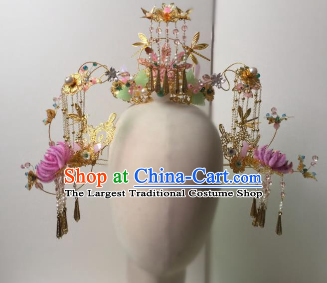 Chinese Traditional Hanfu Wedding Hairpins Golden Tassel Hair Crown Handmade Ancient Princess Hair Accessories for Women