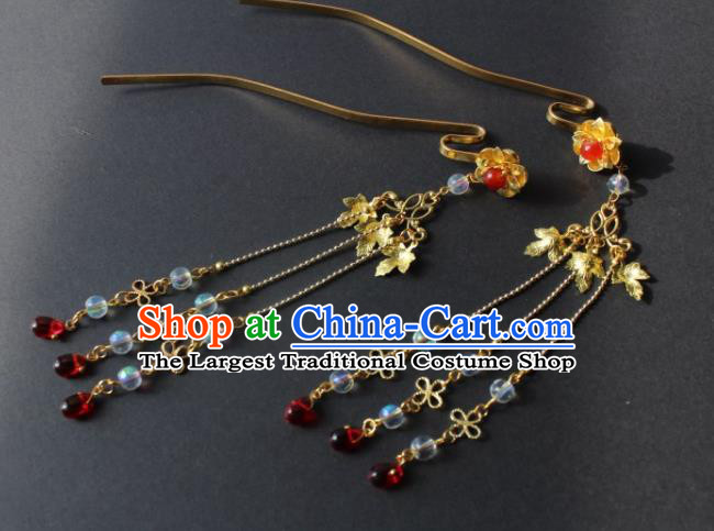 Chinese Handmade Ming Dynasty Princess Golden Leaf Tassel Hairpins Ancient Hanfu Hair Accessories for Women