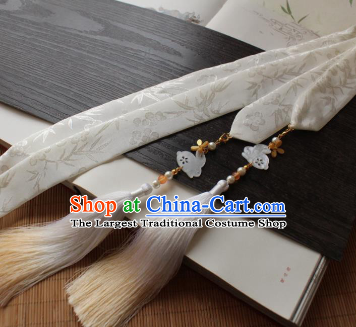 Chinese Traditional Hanfu Ming Dynasty White Ribbon Headband Handmade Ancient Princess Hair Accessories for Women