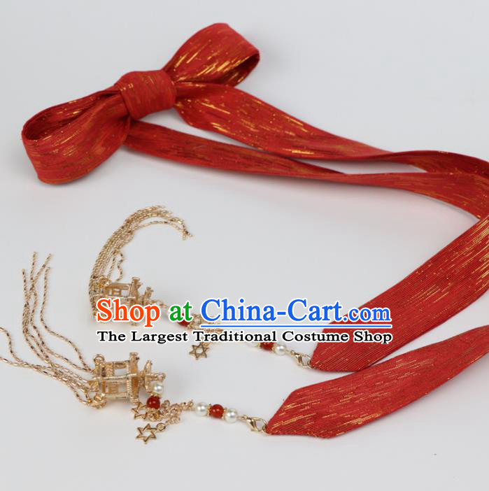 Chinese Traditional Hanfu Red Ribbon Hairband Handmade Ancient Princess Hair Accessories for Women