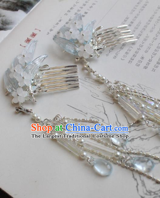 Chinese Handmade Ming Dynasty Princess Blue Bamboo Hair Comb Hairpins Ancient Hanfu Hair Accessories for Women