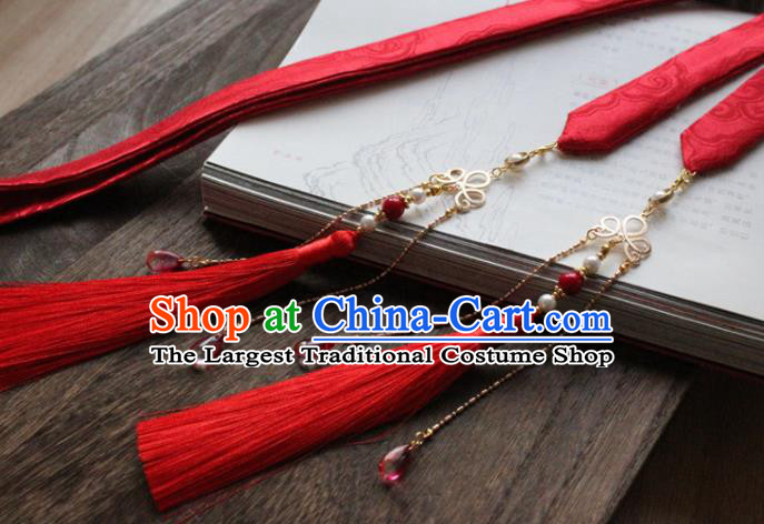 Chinese Traditional Hanfu Ming Dynasty Red Ribbon Tassel Headband Handmade Ancient Princess Hair Accessories for Women