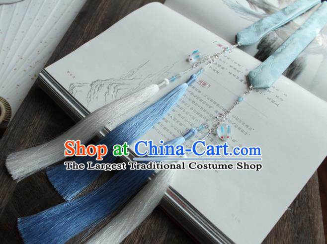 Chinese Traditional Hanfu Ming Dynasty Blue Ribbon Tassel Headband Handmade Ancient Princess Hair Accessories for Women