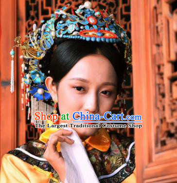 Chinese Handmade Qing Dynasty Manchu Cloisonne Phoenix Hairpins Hat Ancient Imperial Consort Hair Accessories for Women