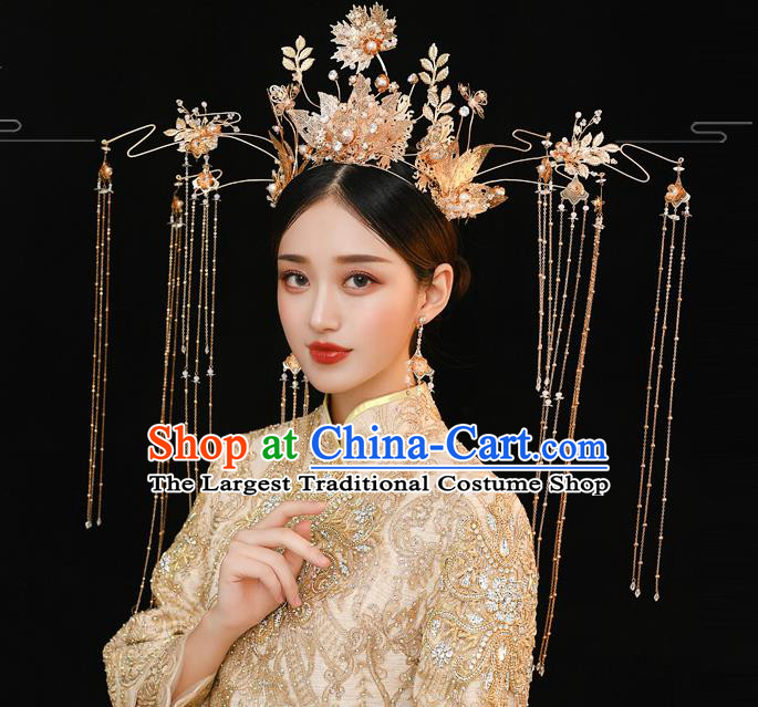 Traditional Chinese Handmade Wedding Golden Leaf Tassel Phoenix Coronet Ancient Bride Hair Accessories for Women