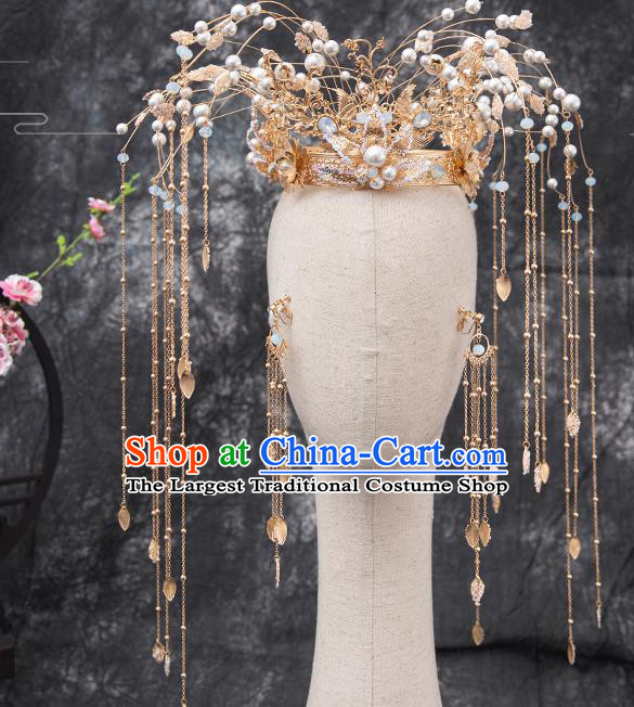 Traditional Chinese Handmade Hairpins Golden Lotus Phoenix Coronet Ancient Bride Hair Accessories for Women