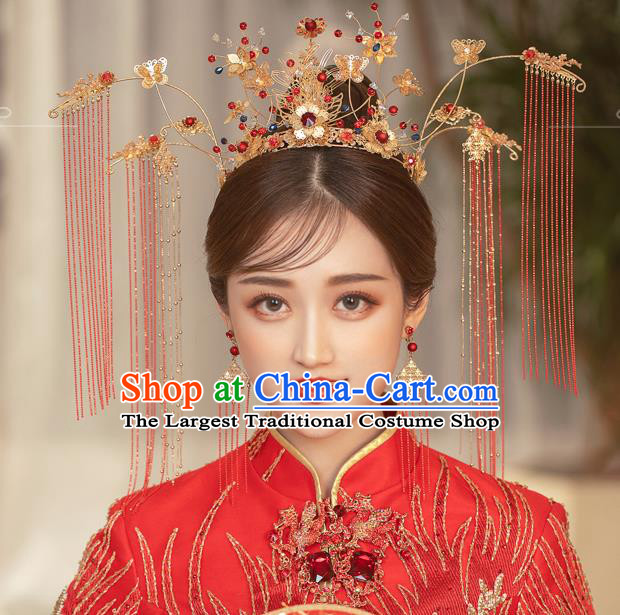 Traditional Chinese Handmade Hairpins Red Tassel Phoenix Coronet Ancient Bride Hair Accessories for Women