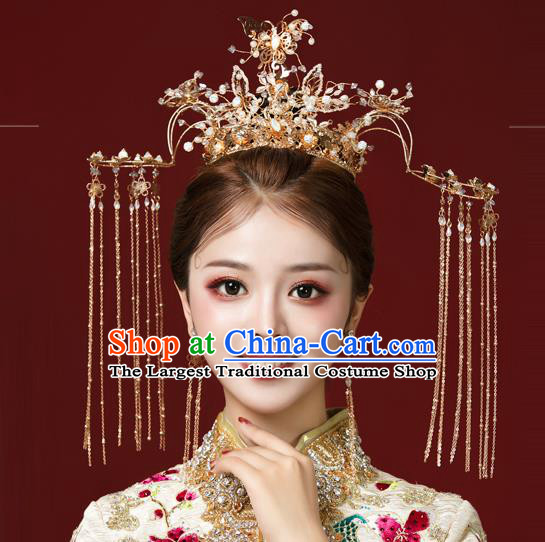 Traditional Chinese Handmade Hairpins Golden Butterfly Phoenix Coronet Ancient Bride Hair Accessories for Women