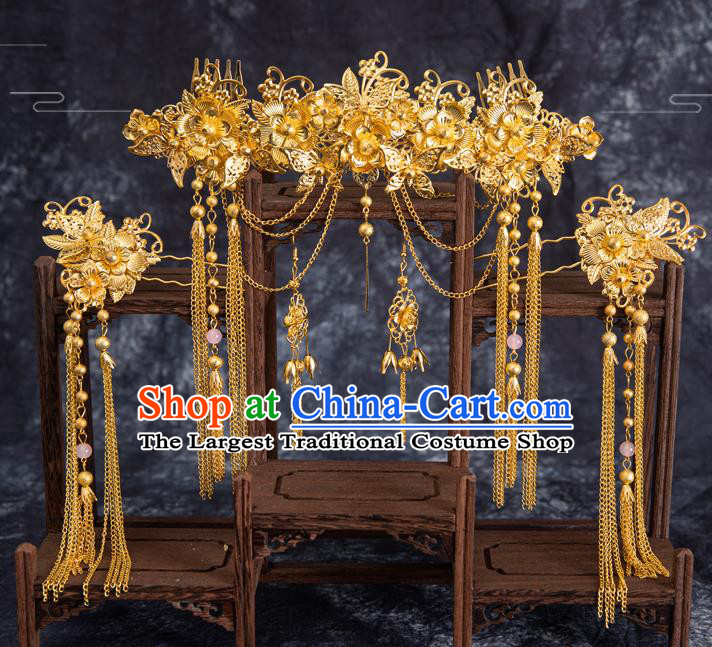 Traditional Chinese Handmade Hairpins Golden Hair Comb Ancient Bride Hair Accessories for Women