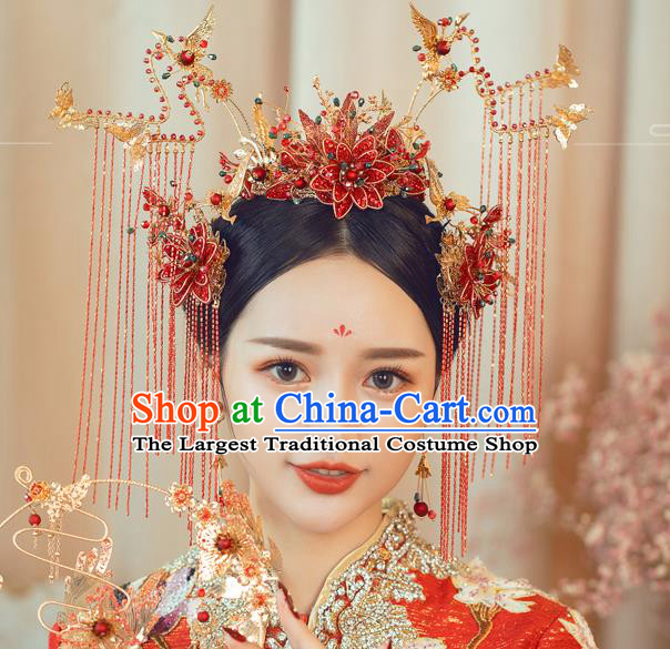 Traditional Chinese Handmade Red Flowers Phoenix Crown Hairpins Ancient Bride Hair Accessories for Women