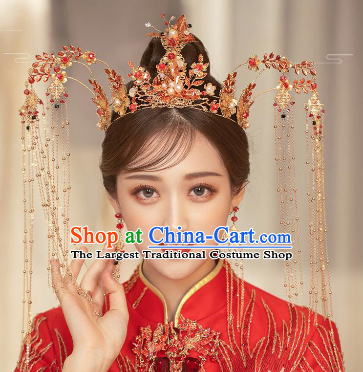 Traditional Chinese Handmade Tassel Red Butterfly Crown Hairpins Ancient Bride Hair Accessories for Women